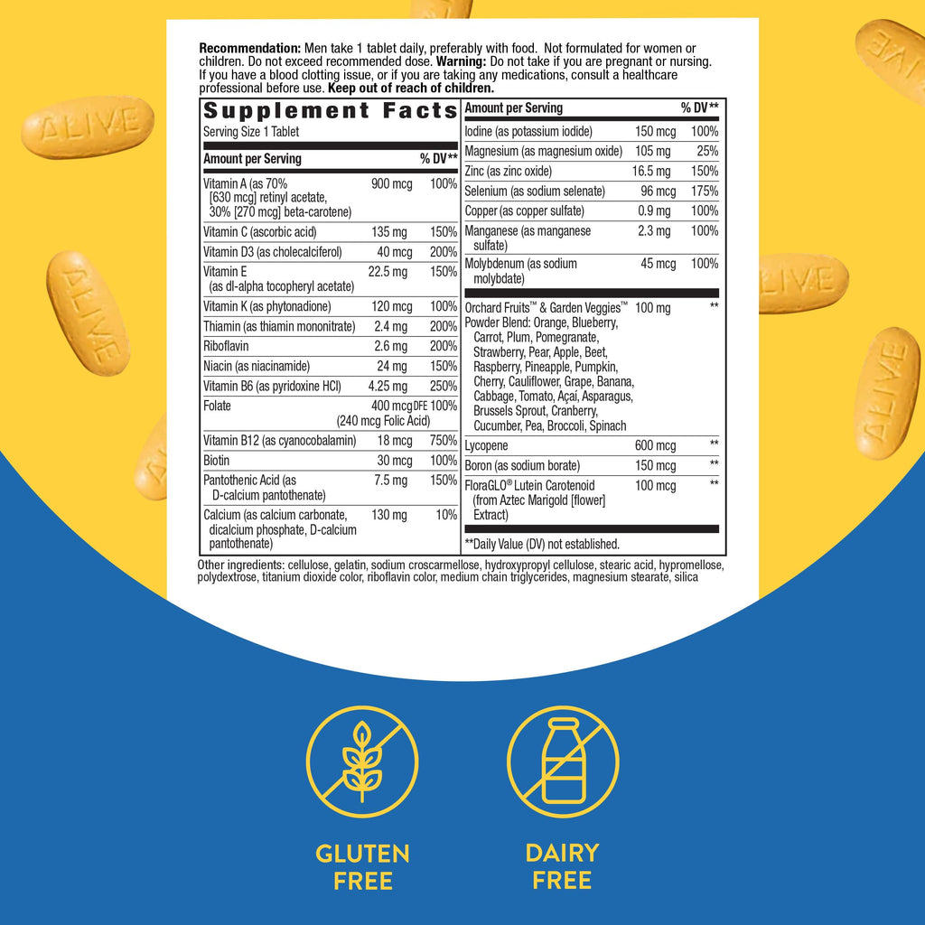 Nature's Way Alive! Men's Complete Daily Multivitamin, Supports Energy Metabolism & Muscle Function*, with B-Vitamins, Gluten Free, 130 Tablets (Packaging May Vary)