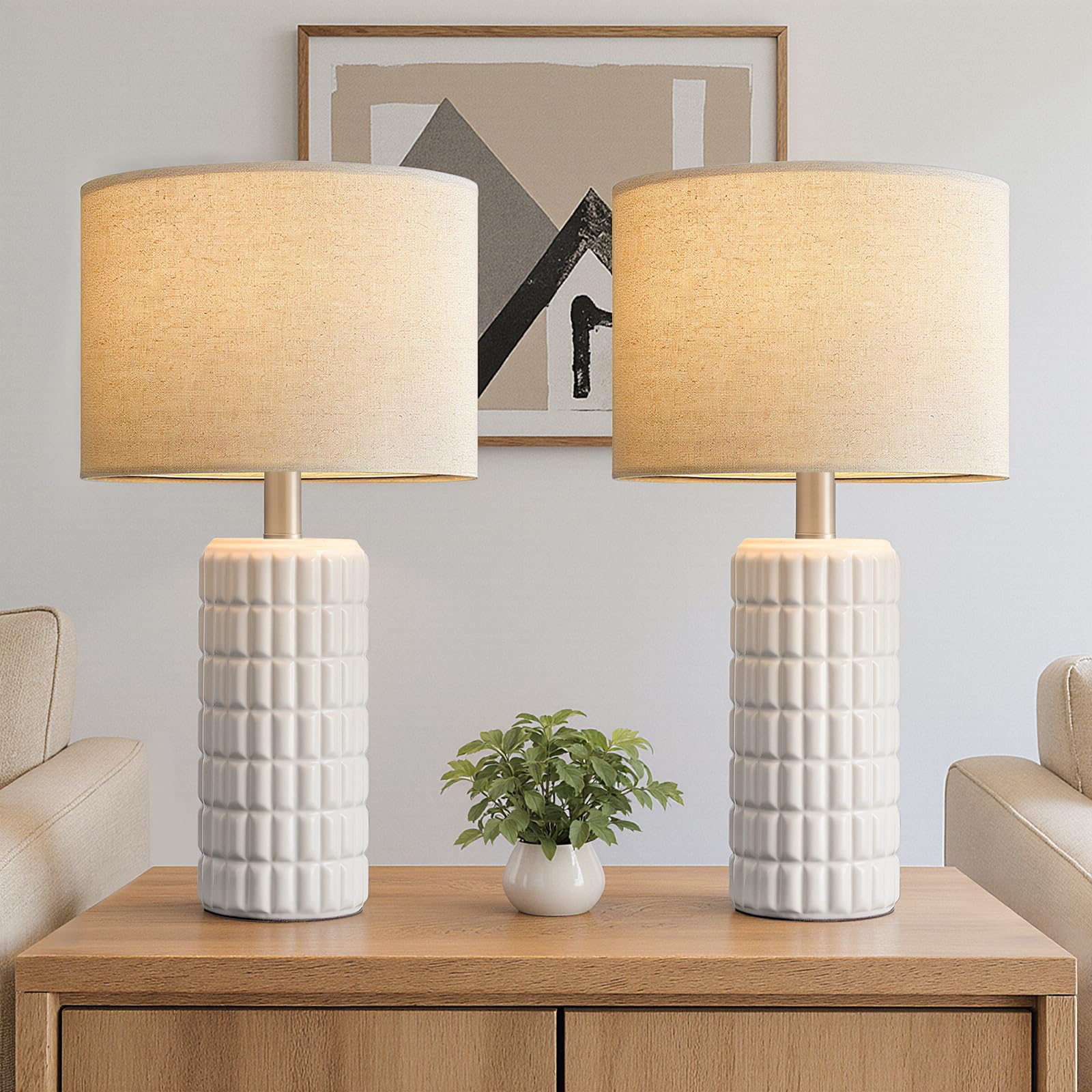 Seealle 23" Modern Ceramic Table Lamps Set of 2 - Table Lamps for Living Room, Farmhouse Bedside Night Stands Lamp for Bedroom, White Nightstand Lamps Set of 2, Desk Lamp for End Table Home Decor
