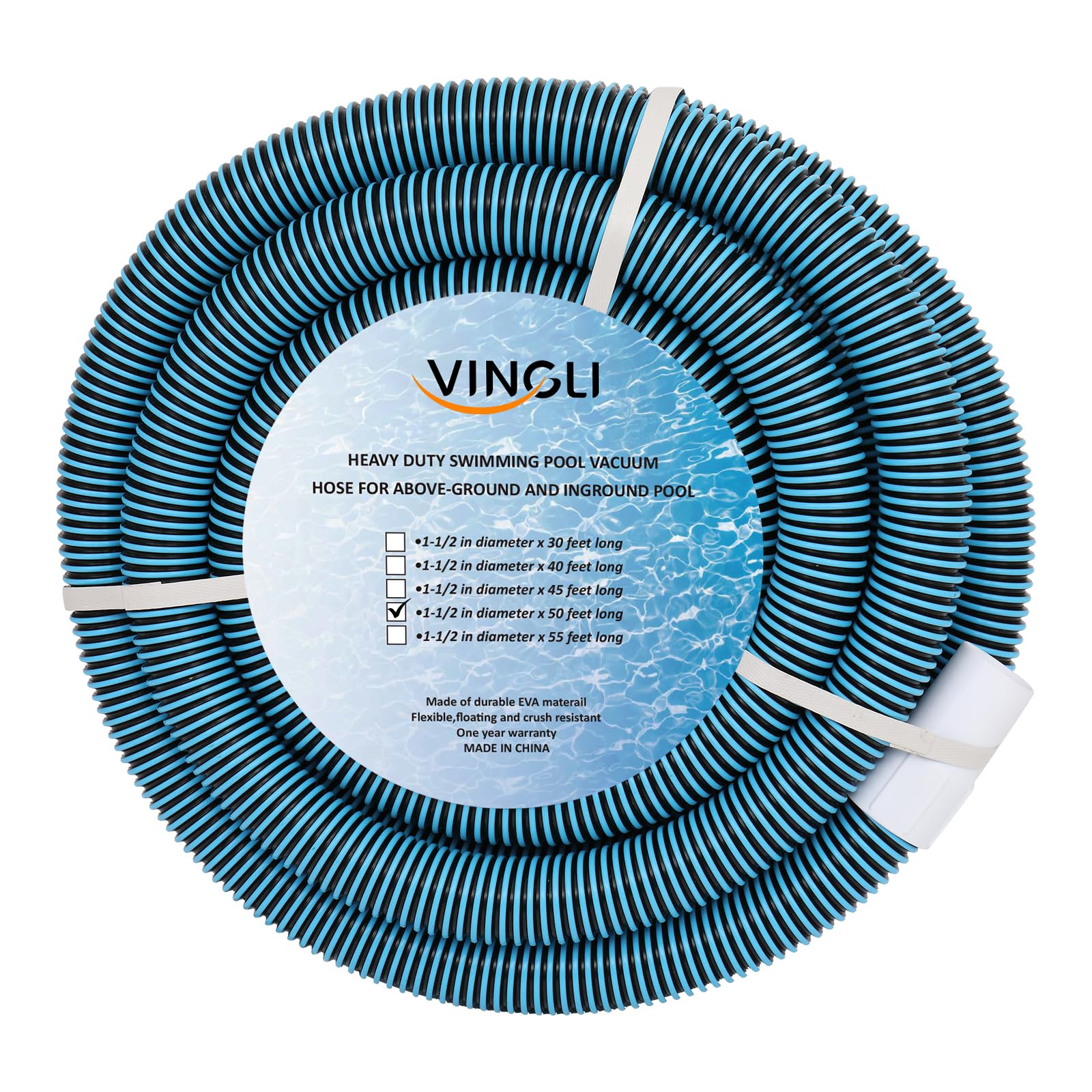 VINGLI 1-1/2-Inch by 50-Feet Blue Swimming Pool Vacuum Hose for Inground and Above-Ground Pools