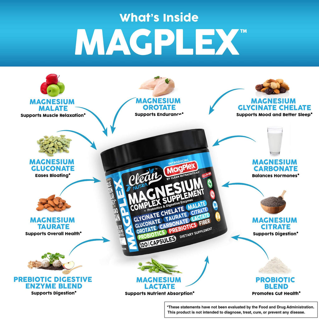 8in1 Magnesium Supplement Complex | Magnesium Glycinate Citrate Malate Gluconate Orotate Carbonate Lactate + Prebiotics Probiotics Digestive Enzymes Magnesio Capsules for Women Men by Clean Nutra