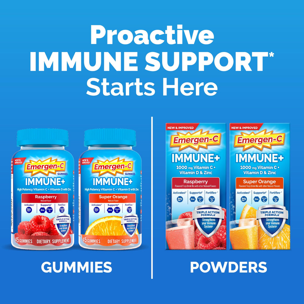Emergen-C Immune+ Triple Action Immune Support Powder, BetaVia (R), 1000mg Vitamin C, B Vitamins, Vitamin D and Antioxidants, Super Orange – 30 Count