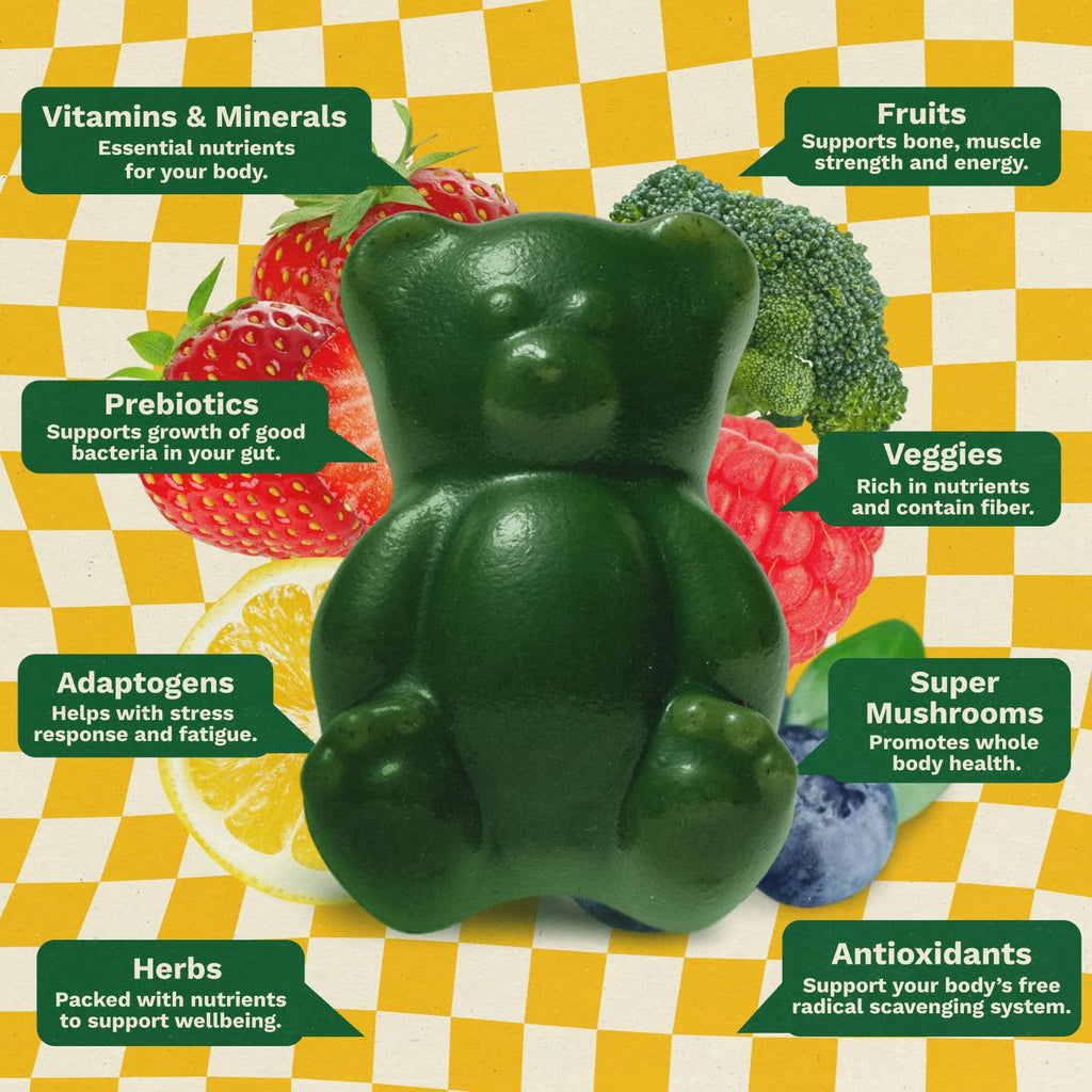 Gruns Multivitamin for Kids, Super Greens Gummies, Superfood Gummy Bears with 20+ Vitamins & Minerals, Spirulina, Chlorella, Alfalfa, Prebiotics Fiber for Digestive Health, Adaptogens Supplement, 28ct
