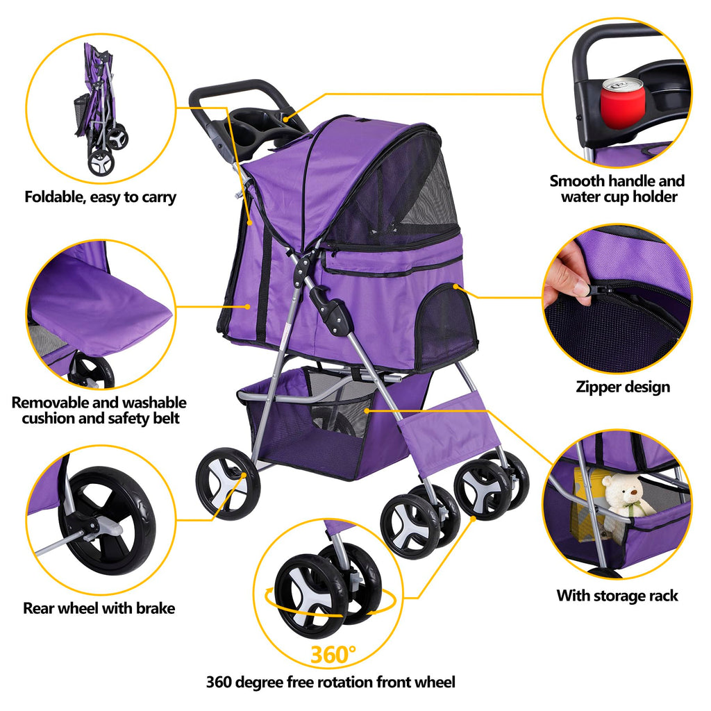 LEMY Pet Stroller,4 Wheels Dog Cat Stroller with Storage Basket&Cup Holder,Folding Dog Cat Cage Jogger Strollers for Small Medium Dogs Cats Travel,Purple