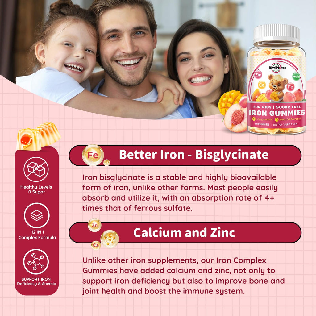 Iron Supplement Gummies for Kids - with Calcium, Zinc, Kids Multivitamin with Iron Gummies - Immune Support, Blood Builder & Energy Support for Iron Deficiency, Anemia, Peach & Mango Flavor, 60 Count