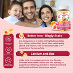 Iron Supplement Gummies for Kids - with Calcium, Zinc, Kids Multivitamin with Iron Gummies - Immune Support, Blood Builder & Energy Support for Iron Deficiency, Anemia, Peach & Mango Flavor, 60 Count