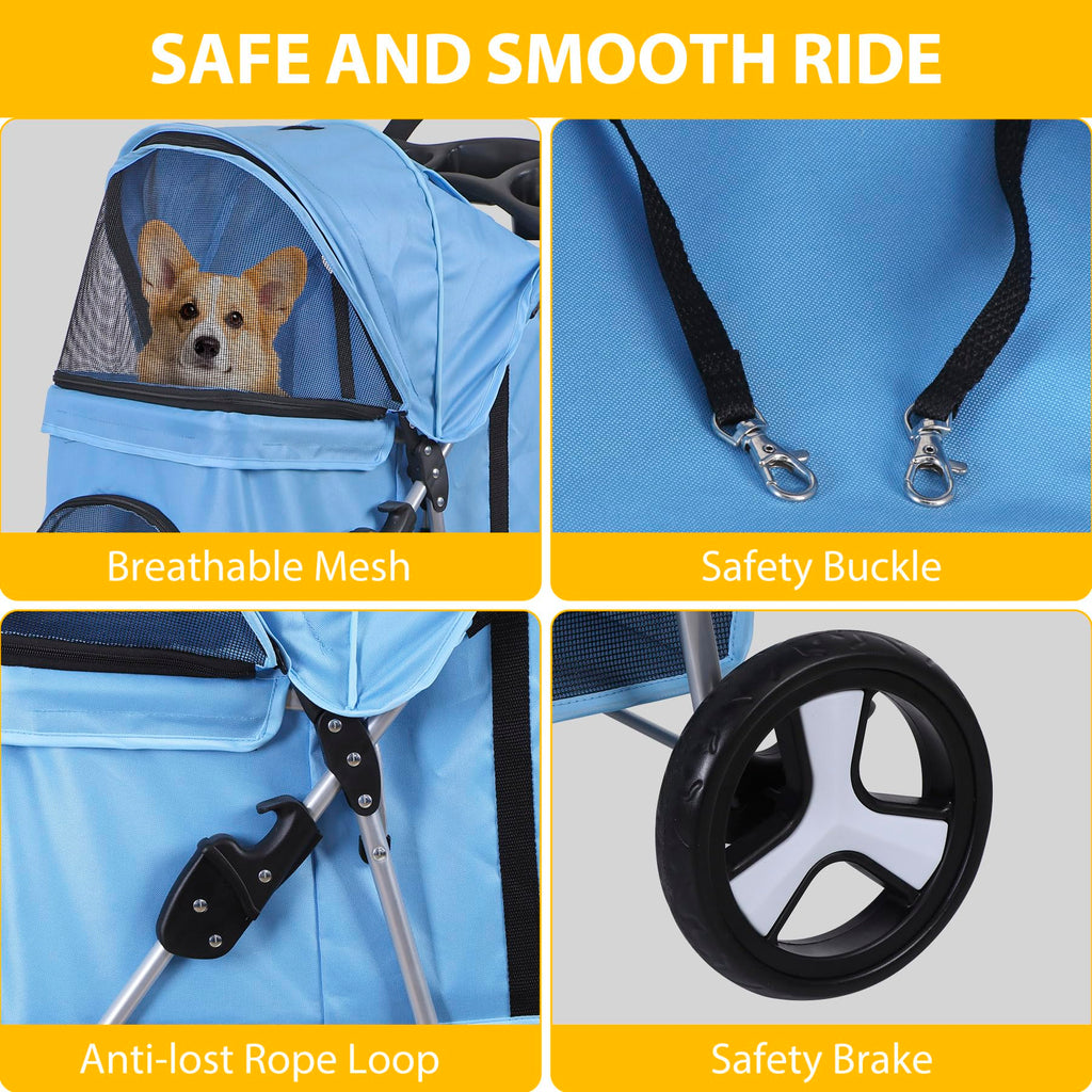 Epetlover 3 Wheels Dog Stroller Folding Pet Strolling Cart for Small Medium Cats Puppies Portable Jogger Travel Camping Puppy Carrier with Storage Basket Cup Holder, Blue
