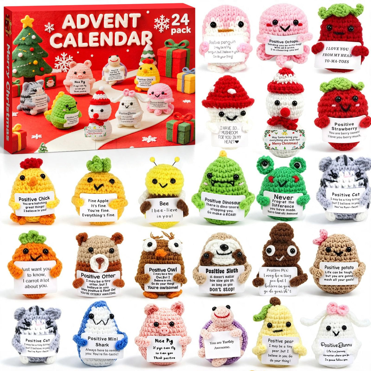 Advent Calendar 2026 Handmade Crochet Animals Plush Advent Calendar 24 Days Christmas Countdown Calendar with Positive Emotional Support Cards Gifts for Kids, Teens, Girls, Boys, Women, Men
