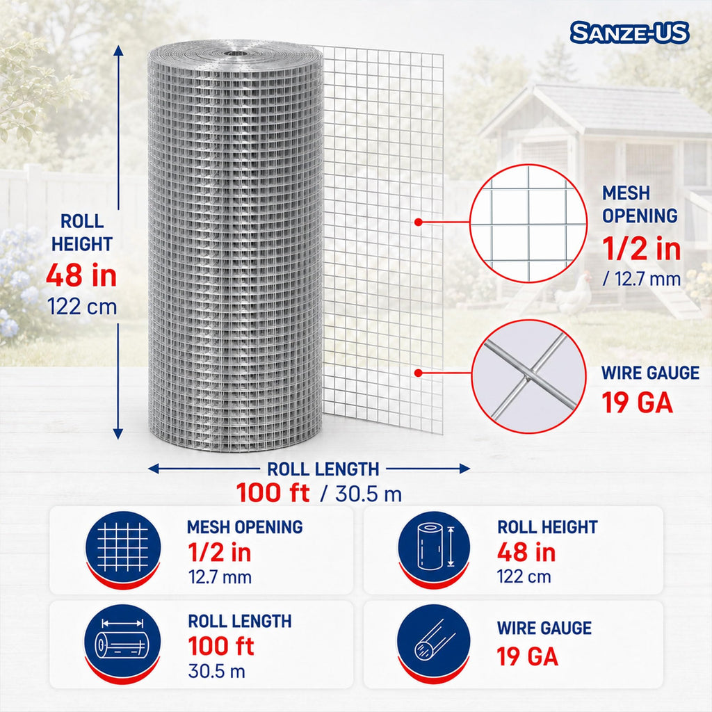 SANZEUS Hardware Cloth, 48in x 100ft 1/2in Mesh, 19GA Chicken Wire Fencing