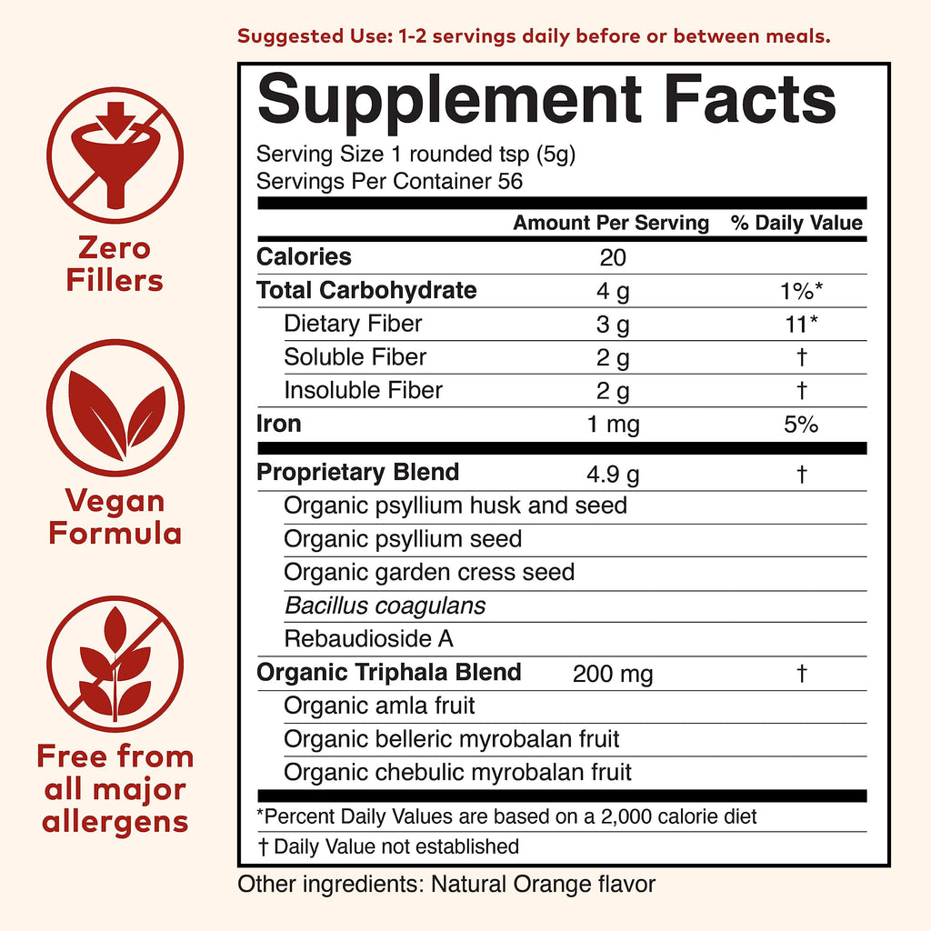 Organic India Psyllium Husk Powder - Pre & Probiotic Fiber Supplement, Organic Psyllium Husk Fiber Supplement, Dietary Fiber, USDA Organic, Vegan, Gluten Free - Orange, 10 Oz