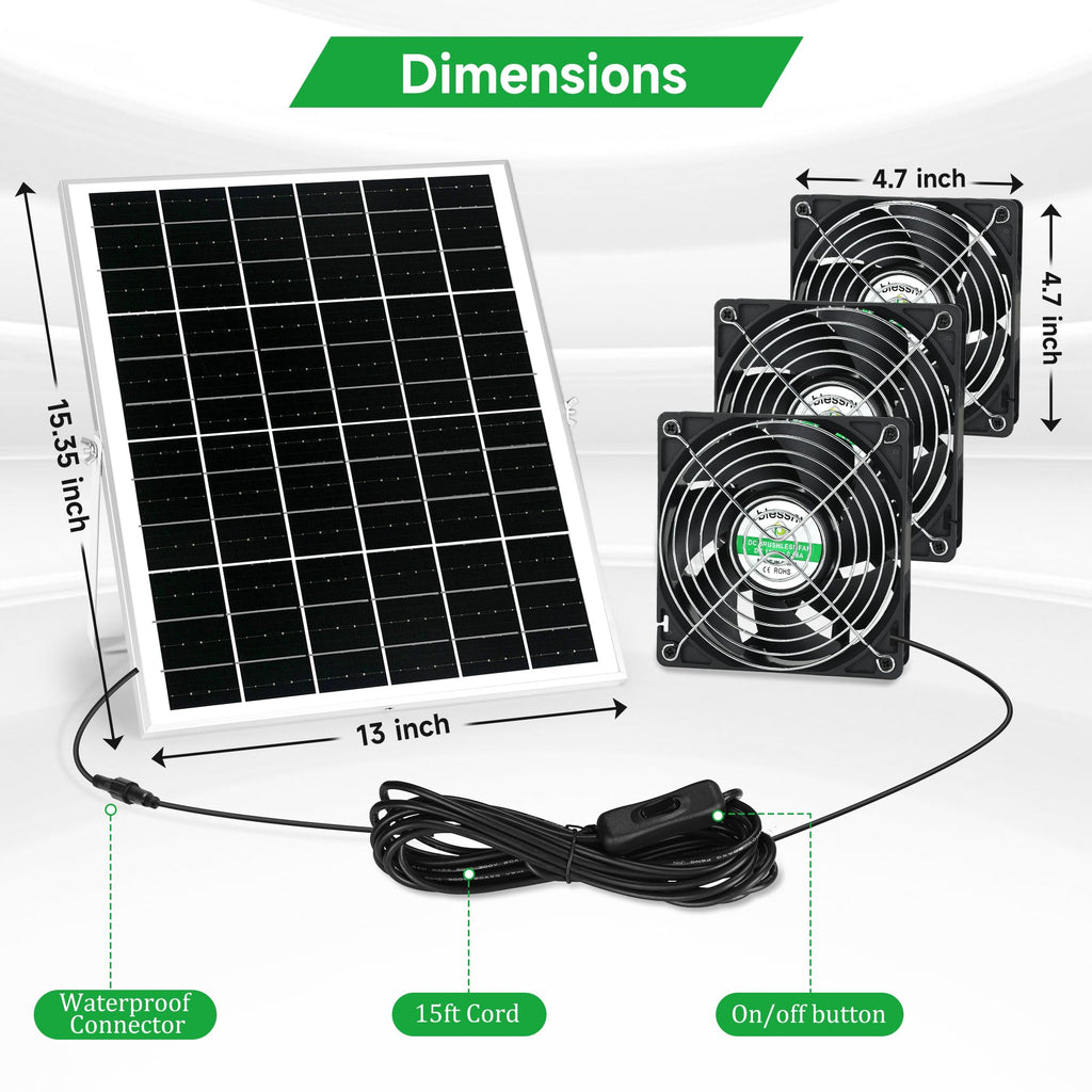 blessny Waterproofed Solar 3 Fan Kit for Outside Intake or Exhaust air