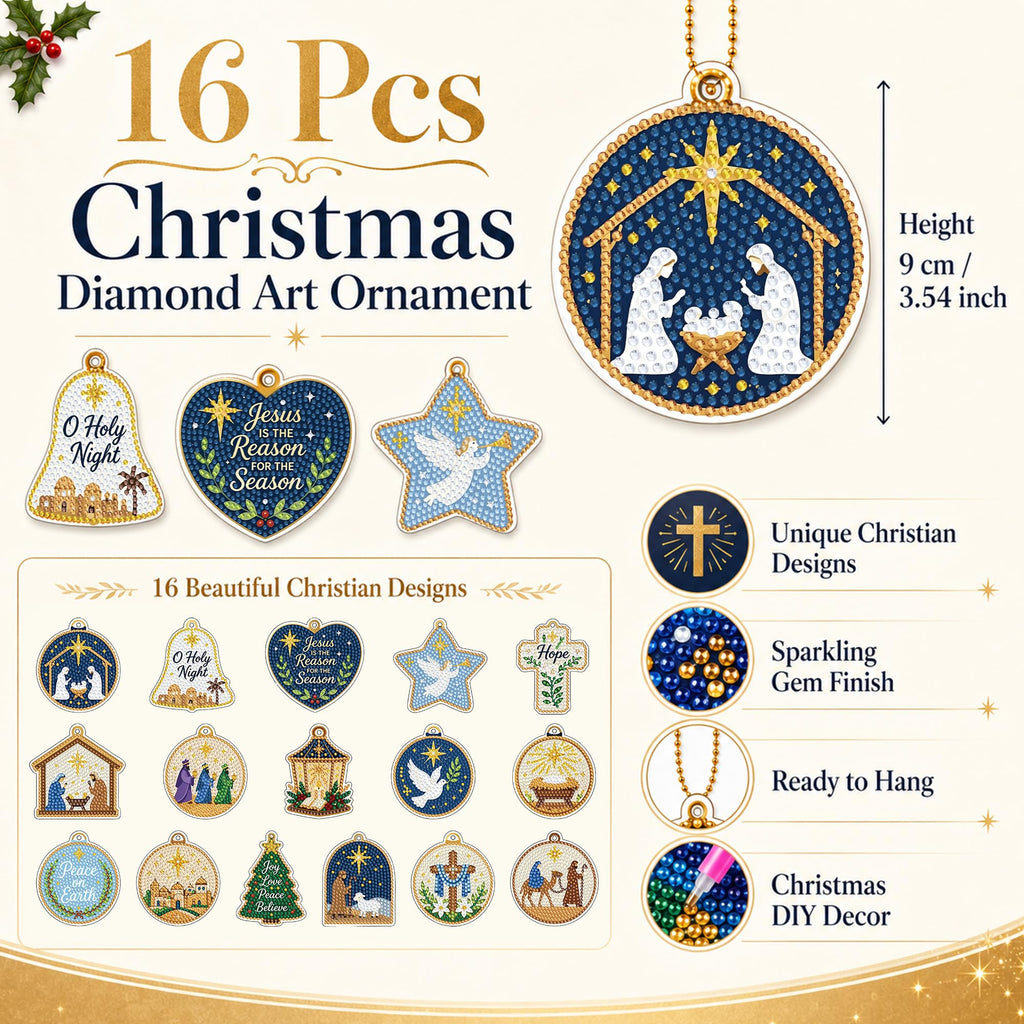 JOPHMO 16 Pcs Christmas Diamond Art Ornaments Kit - Nativity Scene