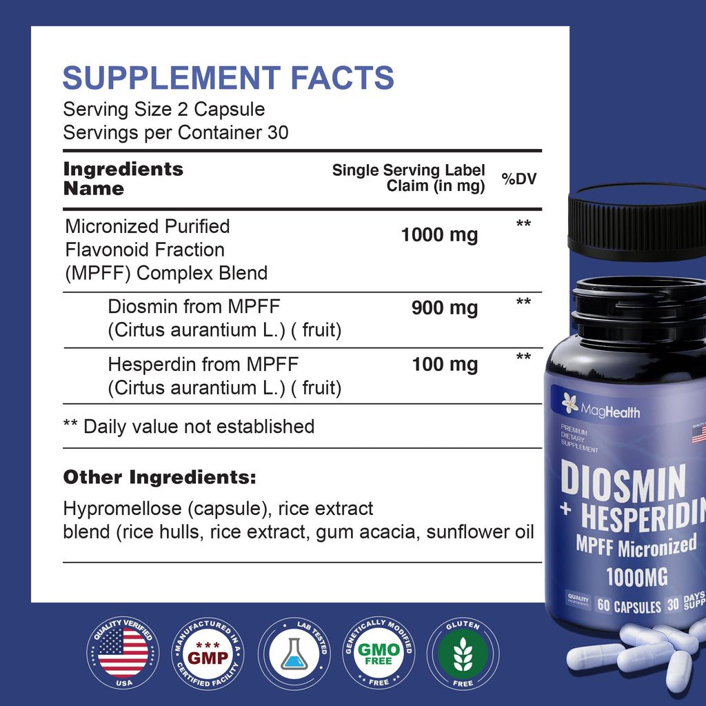 MagHealth Diosmin Hesperidin 1000mg - MPFF Micronized Formula, 900mg Diosmin + 100mg Hesperidin per Serving | Vein Support, Leg Circulation & Blood Flow Supplement | 60 Capsules, Non-GMO, Gluten Free