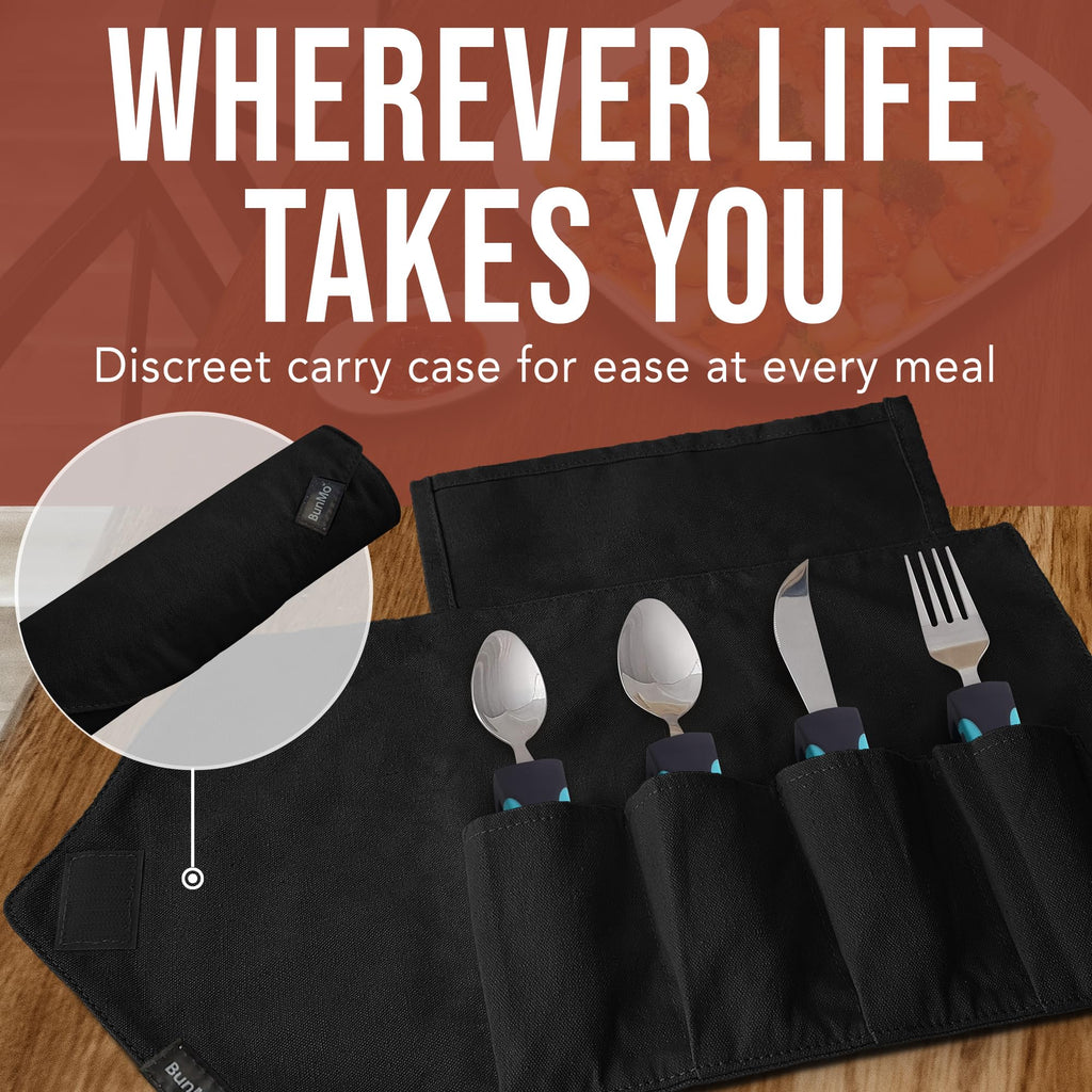 BUNMO Adaptive Utensils for Elderly, Arthritis, Weak Hand Grip, Tremors & Handicapped - Convenient Travel Pouch - 3.35oz Lightweight - Stainless Steel - Eat Independently - Adaptive Blue 4 Piece Set