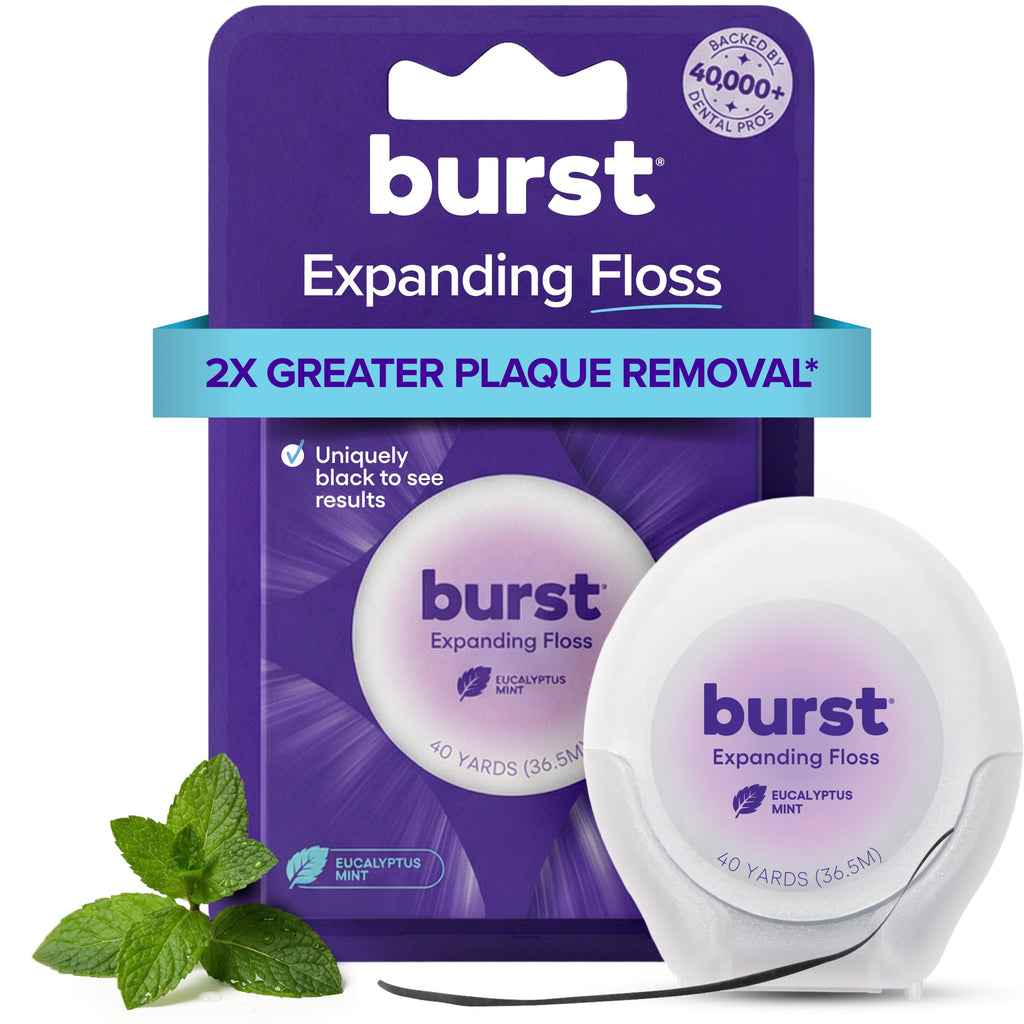 BURST Expanding Dental Floss (Mint Eucalyptus/40 Yards) | Stain Absorbing & Woven Tooth Floss with Xylitol Coating to Fight Cavities | Vegan | Paraben Free Expanding Floss