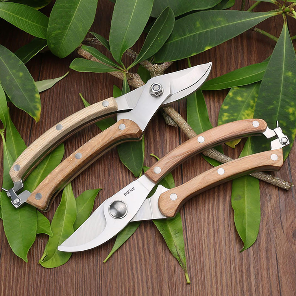 BUGUI Wood Handle Pruning Shears, SK-5 Steel Blade, 1-inch Cutting Capacity, Sharp, Well Designed Garden Shears, 8"
