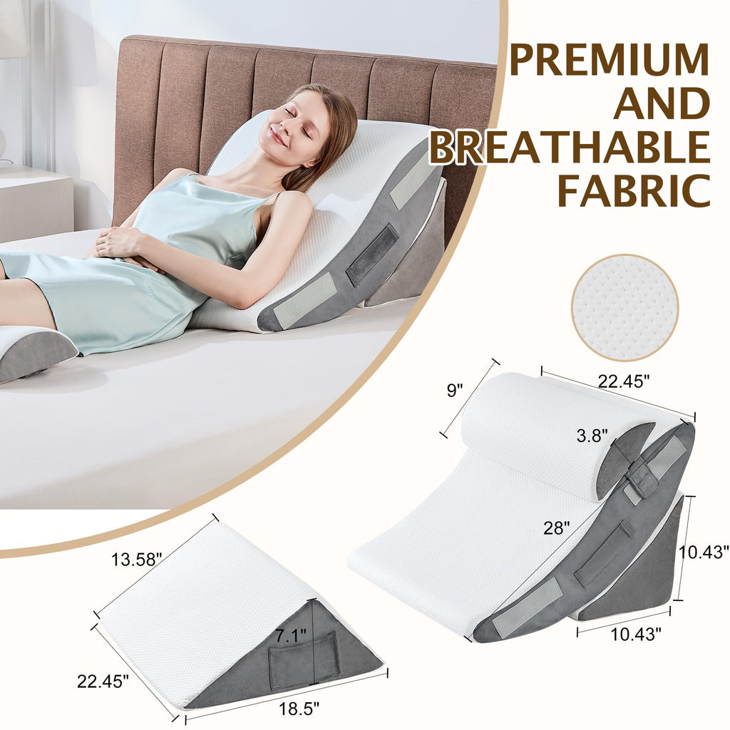 Bed Wedge Pillow, 4PC Adjustable Memory Foam Triangle Wedge Pillow Set For After Surgery, Pillow Wedge For Sleep Apnea, Back Pain Relief, Acid Reflux Relief, Orthopedic Pillow Wedge For Sleeping, Grey