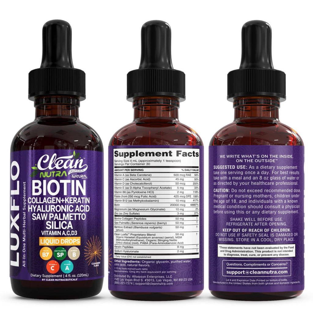 Biotin Liquid Drops Collagen Keratin Hyaluronic Acid Saw Palmetto for Hair Skin and Nails Silica Vitamin A C Vitamin D Bamboo Turmeric Zinc Folate Magnesium Horsetail LuxGlo by Clean Nutra - 2Pack