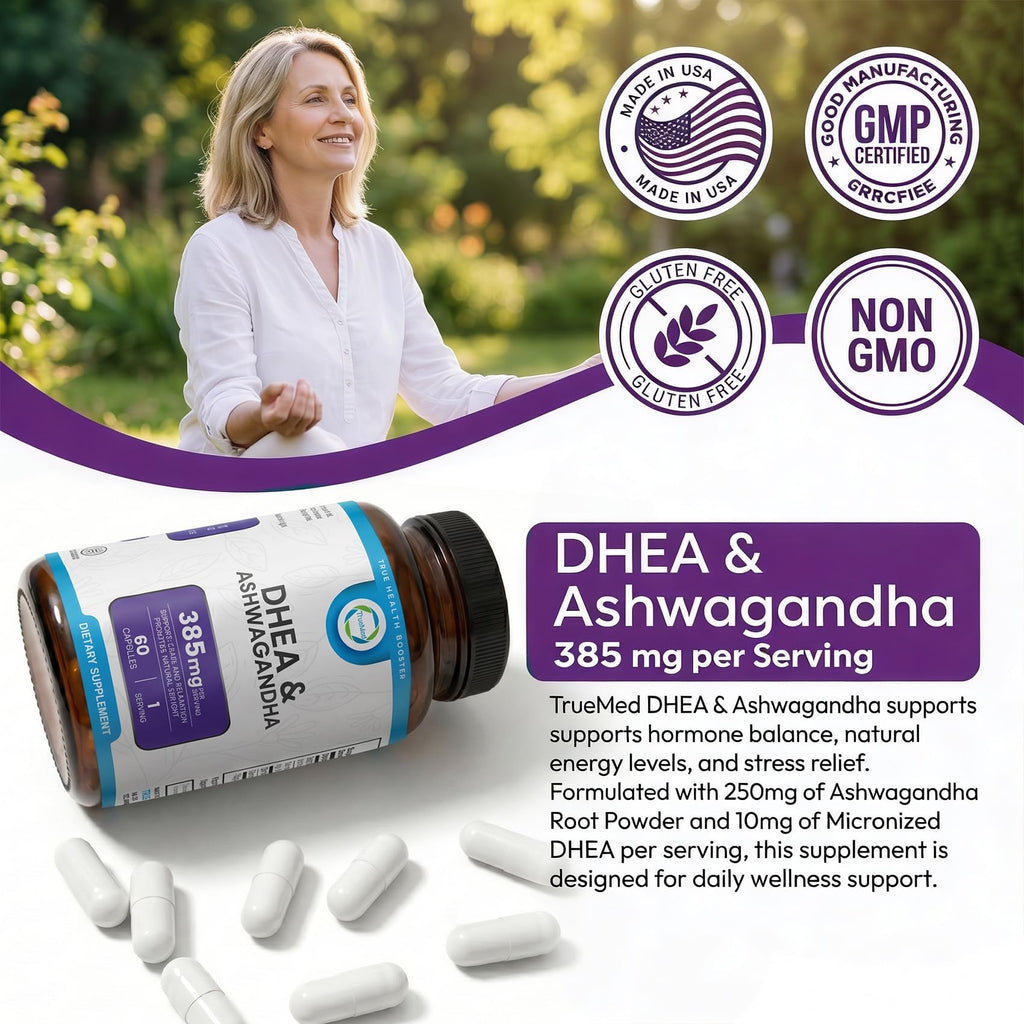 TRUEMED DHEA & Ashwagandha Supplement 385mg – Ashwagandha 250mg, DHEA 10mg, Vitamin C & B6 – Supports Relaxation, Natural Energy & Balanced Mood – Made in USA, 60 Vegan Capsules