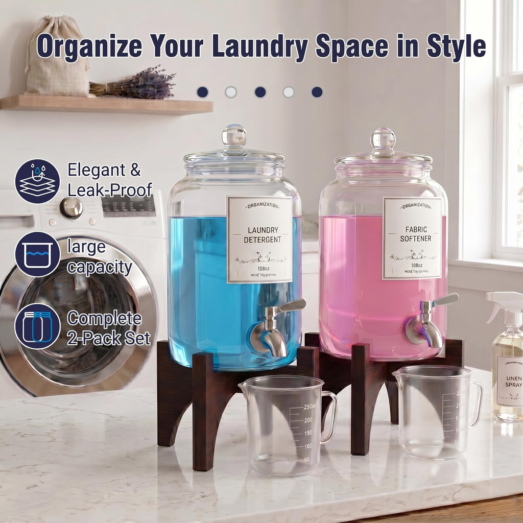Glass Laundry Detergent Dispenser, 108oz (2 Pack) with Stainless Steel Faucet & Solid Wood Stand - Liquid Soap & Fabric Softener Container for Laundry Room Organization & Storage