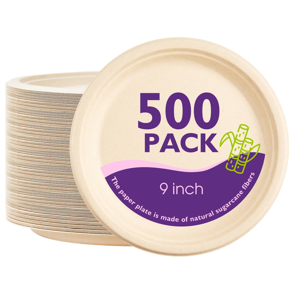 PACKINNO 9 Inch 500 Pack Compostable Paper Plates Round Unbleached Brown Plates Made from Natural Sugarcane Fibers, Biodegradable Heavy Duty Disposable Plates for Party, Camping, Picnic