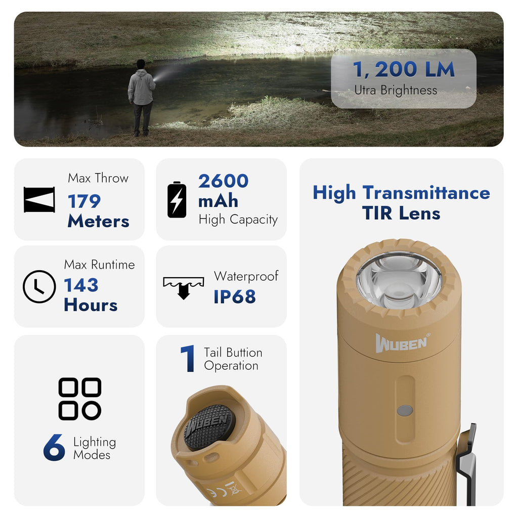 WUBEN C3 Flashlight 1200 High Lumens Rechargeable Flashlights 6 Modes Super Bright IP68 LED Tactical Flashlight for Camping, Home, Emergenc, Inspection, Repair, Tool Gifts for Men(Khaki)