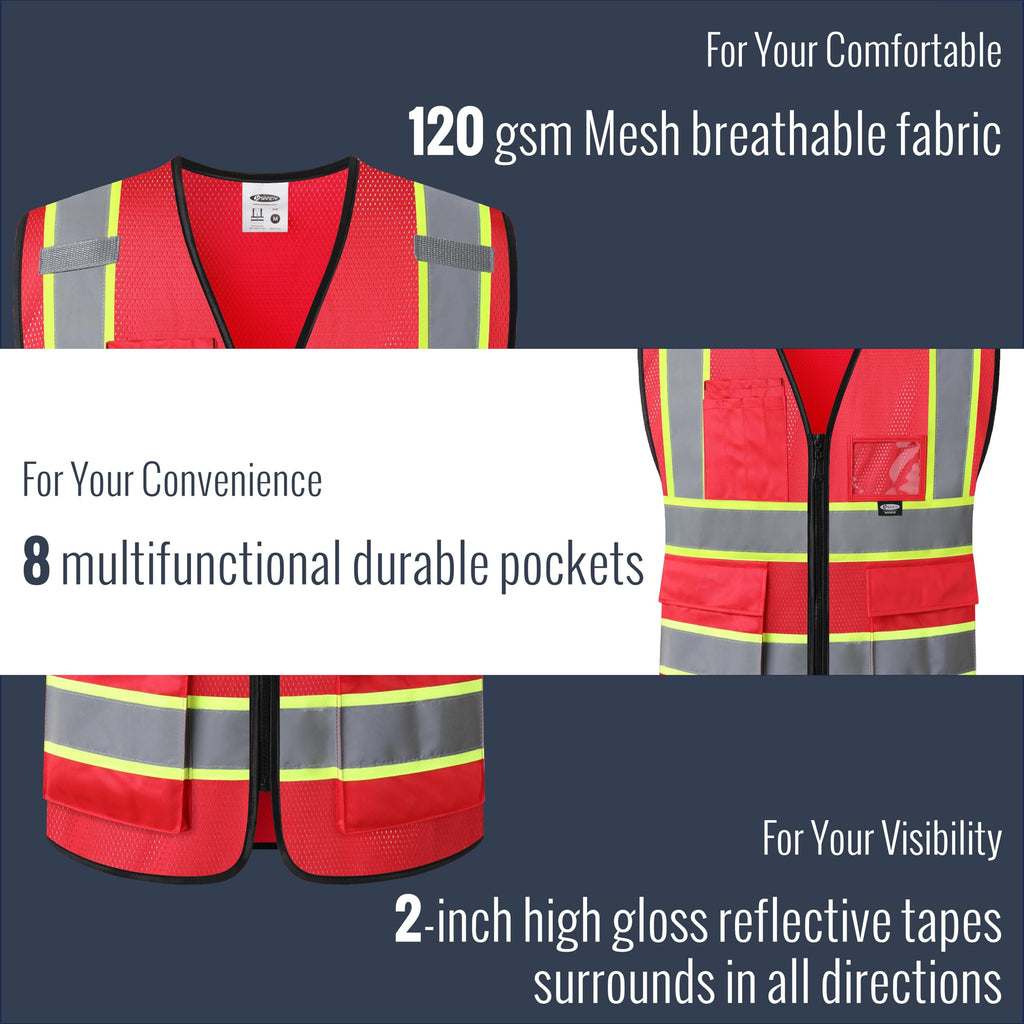 JKSafety Safety Vest for Men Women Hi Vis Vest with Pockets and Zipper Front Reflective High Visibility Vests Meet ANSI Standard Red Color Extended Yellow Strips (BX320-Red 3XL) 1 Piece