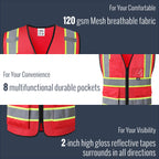 JKSafety Safety Vest for Men Women Hi Vis Vest with Pockets and Zipper Front Reflective High Visibility Vests Meet ANSI Standard Red Color Extended Yellow Strips (BX320-Red 3XL) 1 Piece