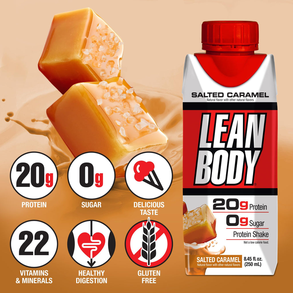 Lean Body Ready-to-Drink Salted Caramel Protein Shake, 40g Protein, Whey Blend, 0 Sugar, Gluten Free, 22 Vitamins & Minerals, 17 Fl Oz (Pack of 12)