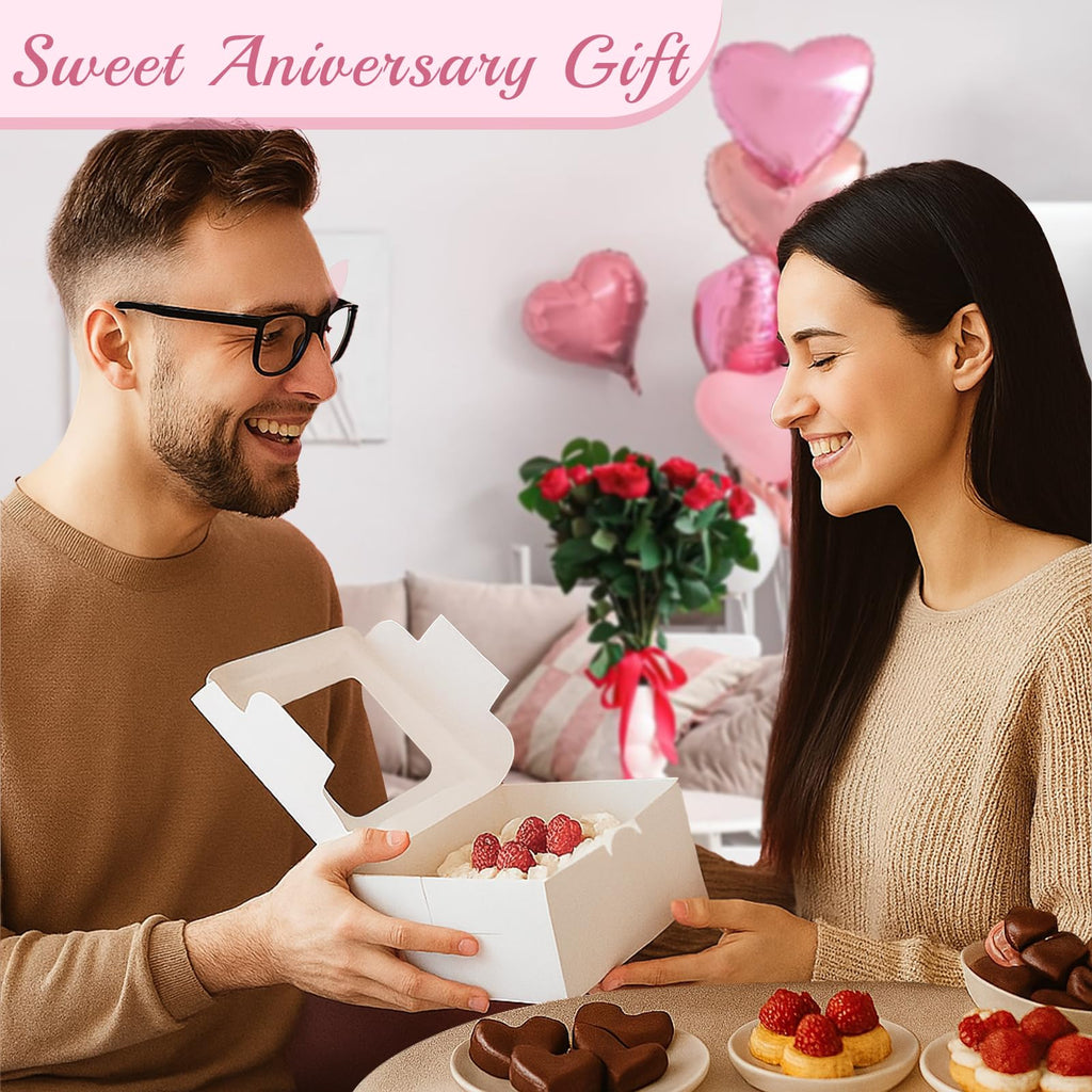 OAMCEG 50 Pack Cupcake Boxes with Window 6x6x3 Inches Cookie Boxes, Bakery Treat Boxes for Pastry, Desserts, Chocolate Strawberries, Cupcake Containers, Gift Giving with Stickers & Twine （White）