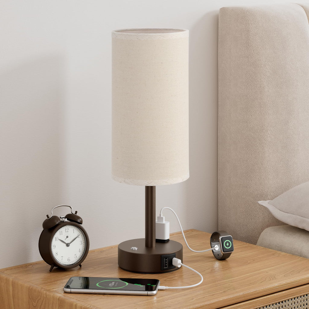 Touch Bedside Table Lamp with Memory - Stepless Dimmable Lamp for Bedroom, Small Nightstand Lamp with Dual USB Charging Ports and AC Outlet, Wood Night Light, Deak Lamp for Nursery (Beige & Brown)
