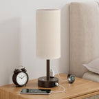 Touch Bedside Table Lamp with Memory - Stepless Dimmable Lamp for Bedroom, Small Nightstand Lamp with Dual USB Charging Ports and AC Outlet, Wood Night Light, Deak Lamp for Nursery (Beige & Brown)