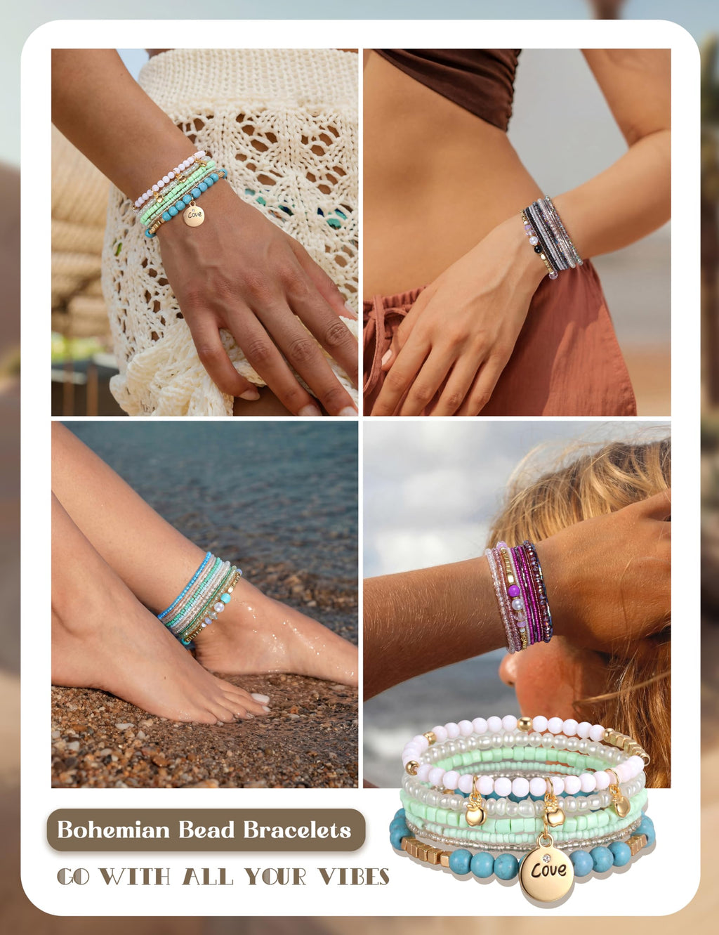 LOYALLOOK 6 Sets Bohemian Stackable Bead Bracelets for Women Stretch Bohemian Style Stretch Multilayered Boho Bracelet Set