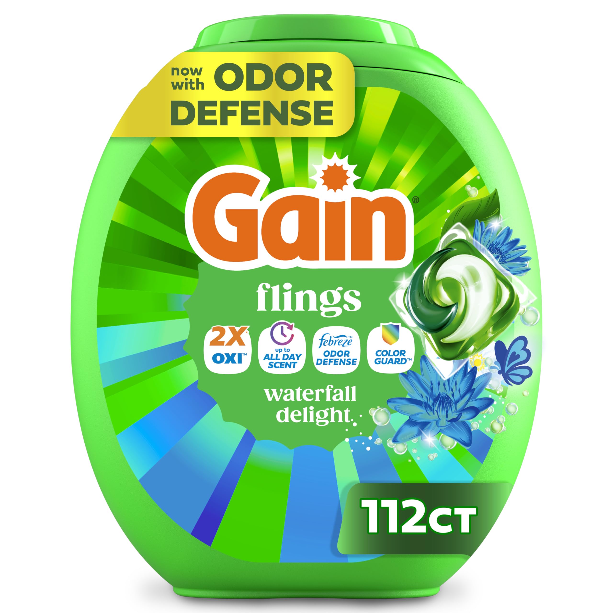 Gain Flings Liquid Washing Detergent Pacs, Now with Odor Defense + Color Guard, Waterfall Delight Scent, 4-In-1 Liquid Laundry Detergent Pods, Clean & Fresh, 112 Count (Packaging May Vary)