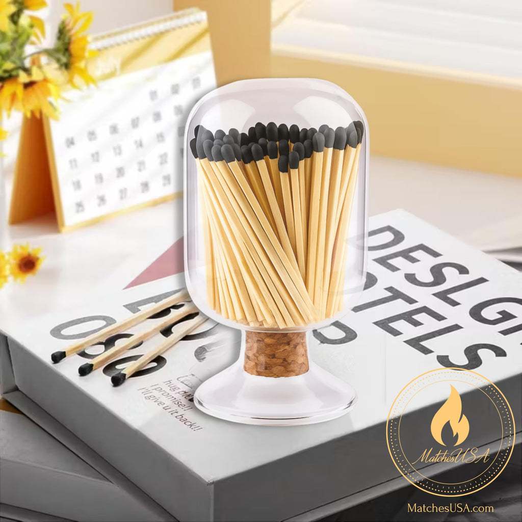 Includes Matches | Decorative Glass Matches Cloche | Bottle Jar Fireplace Candle Match Holder Gift Set