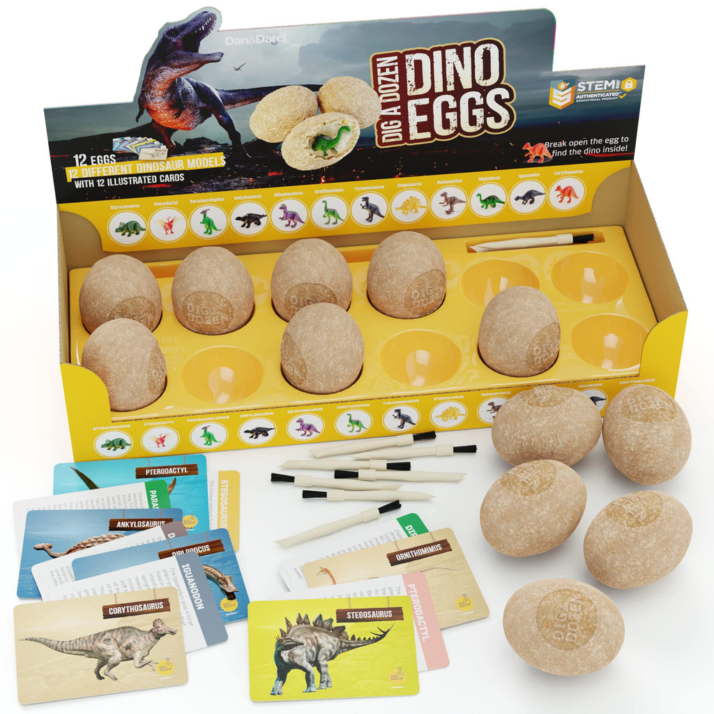 Dan&Darci Dig a Dozen Dino Egg Kit for Kids - Dinosaur Toys Gift 3-12 Year Old - 12 Eggs & Surprise Dinosaurs - Basket Stuffers - Science STEM Activities - Boy Toy Party Gifts for Boys & Girls