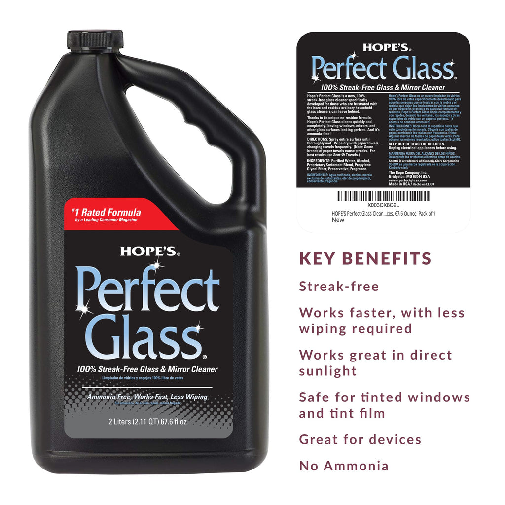 HOPE'S Perfect Glass Cleaner Spray Refill, Streak-Free, Ammonia-Free Window, Mirror, Screen, Tinted Glass, and Shower Door Cleaner, Indoor and Outdoor Glass Surfaces, 67.6 Ounce, Pack of 6