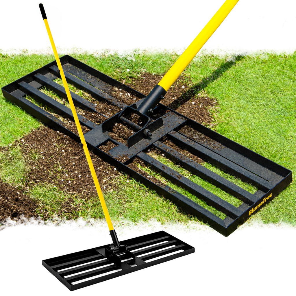 BlumeTrec Lawn Leveling Rake, 30"x10" Heavy Duty Sand Leveling Tool with 7FT Long Handle, Steel Golf Rake for Soil, Compost, Gravel, Lawn Leveler for Yard, Garden, Golf Course, Landscaping Level Tool