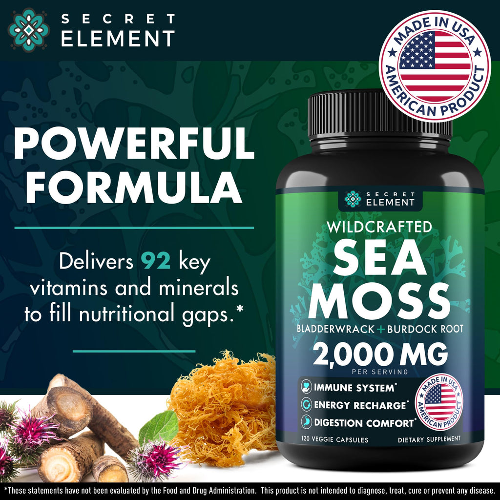 Secret Element Sea Moss Capsules with Burdock Root, Bladderwrack & Muira Puama – Plant-Based Sea Moss Supplement with Raw Powder – 120 Capsules