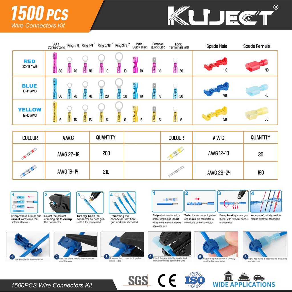 Kuject Ultimate Heat Shrink Wire Connectors, 1500PCS Waterproof Electrical Spade Connectors kit, Insulated Crimp Ring Fork Spade Terminal T-Tap Solder Butt Splice Connector for Marine Boat Truck