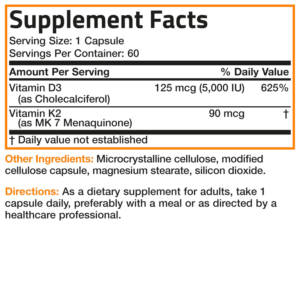 Bronson Vitamin K2 D3 (MK7) Supplement Non-GMO Formula Vitamin D3 5000IU (125 mcg) & 90 mcg K2 MK-7, Easy to Swallow D & K Complex, 60 Capsules