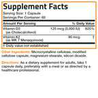 Bronson Vitamin K2 D3 (MK7) Supplement Non-GMO Formula Vitamin D3 5000IU (125 mcg) & 90 mcg K2 MK-7, Easy to Swallow D & K Complex, 60 Capsules