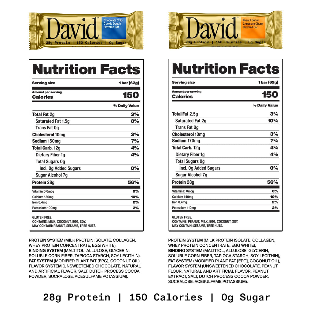 David Protein Bar, Chocolate Chip Cookie Dough and Peanut Butter Chocolate Chunk, 24 Protein Bars | 28g of Protein | 150 Calories | 0g of Sugar - High Protein, Low Carb, Gluten Free Protein Bar (2 Pack - 24 ct.)