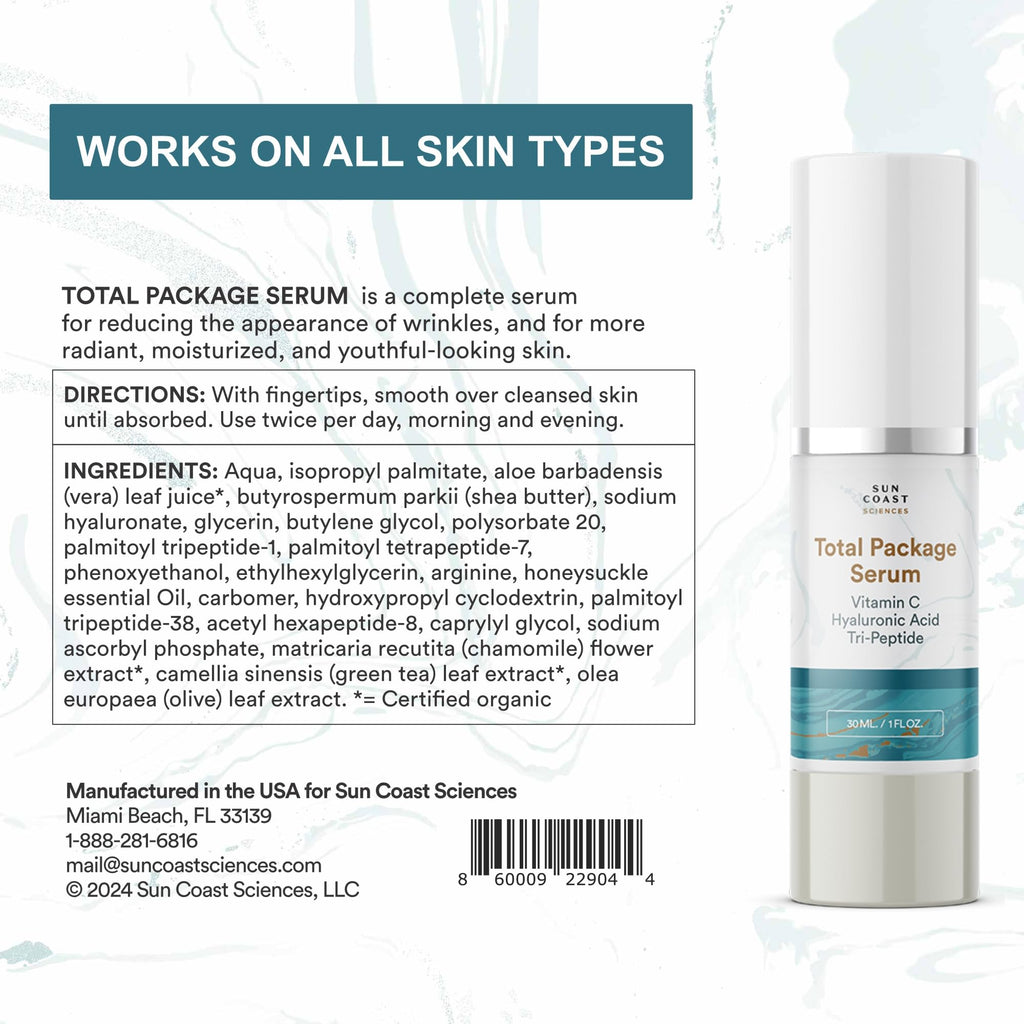 Sun Coast Sciences - Total Package Serum, All-In-One Vitamin C, Hyaluronic Acid, Anti-Aging Facial Super Serum for Wrinkles, Age Spots - 1 fl oz (Pack of 2)