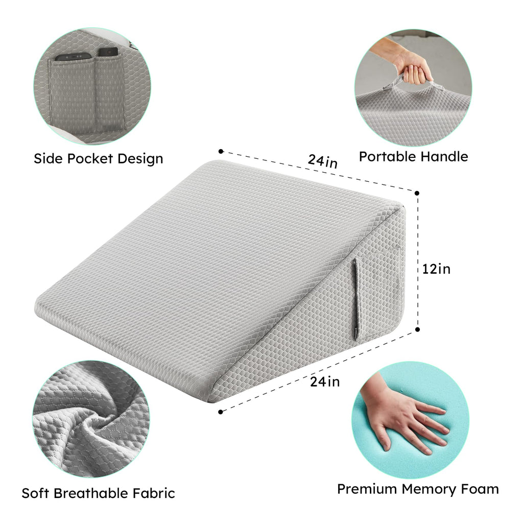 Bedluxe Wedge Pillow,12 inch Bed Wedge Pillow for Headboard, Pillow Wedge for Acid Reflux Relief, Sleeping, After Surgery, Snoring, Gerd, Triangle Pillow Wedge - Cooling Memory Foam Top, Grey