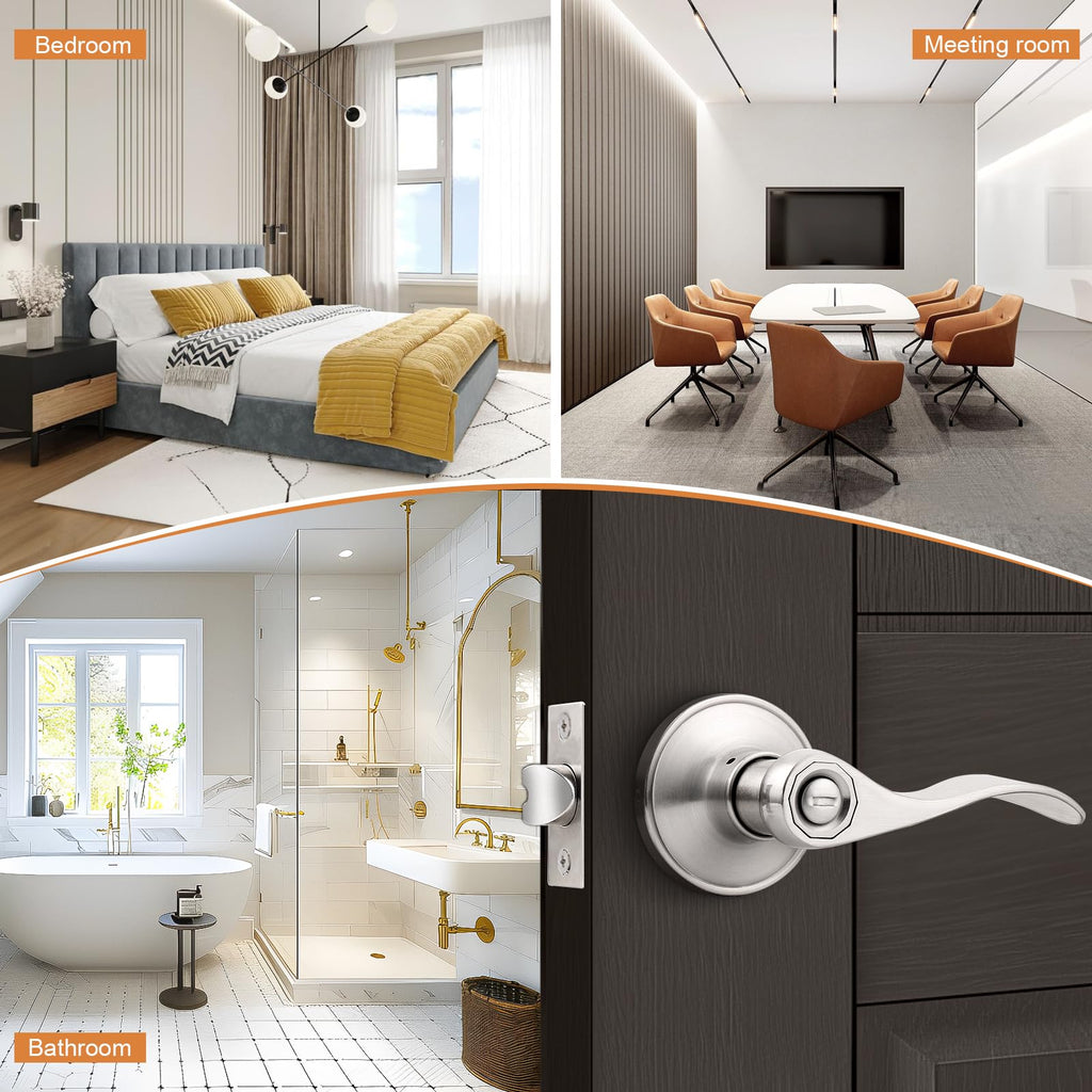 Probrico Privacy Door Levers Interior Door Handles Levers, Wave Style Bed Bath Door Handles Lock Keyless, Satin Nickel Door Lever Lockset 6 Pack