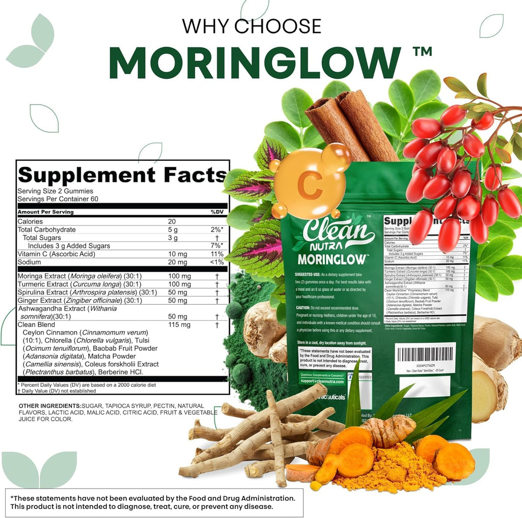 Clean Nutra Moringa Gummies | Pure Moringa Powder Supplement + Ashwagandha Turmeric Spirulina & Ginger Energy, Skin, Immune & Gut Health Green Superfood - Moringa Capsules Alternative
