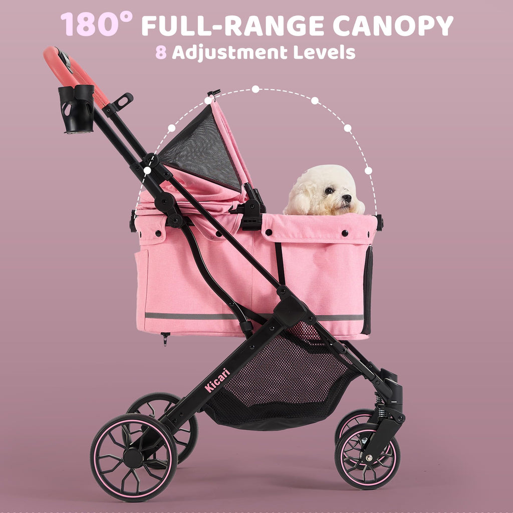 Kicari All-Terrain Dog Stroller for Small to Medium Dogs, Pet Stroller for Dogs & Cats Outdoor Walks, One-Hand Easy Fold, Double-Layer Anti-UV & Waterproof Canopy & Breathable Mesh, Sakura Pink