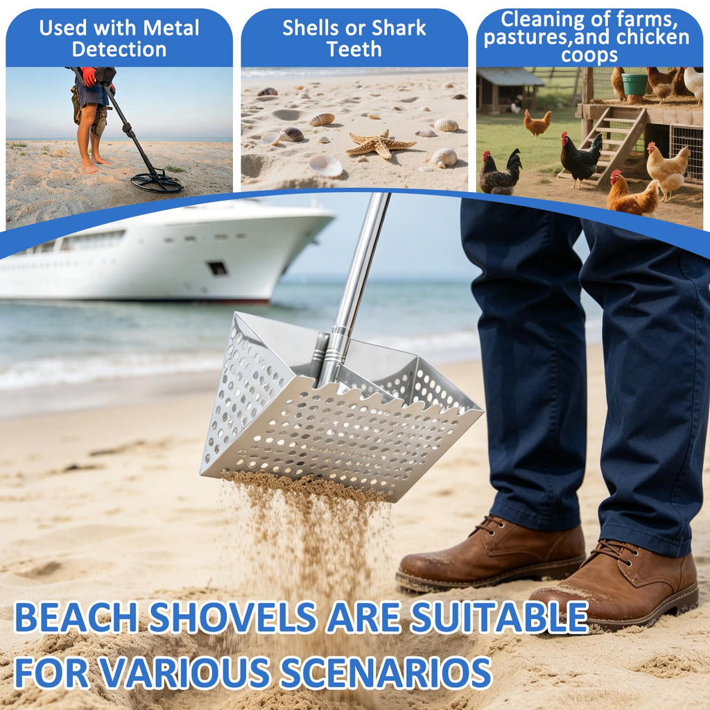 Sand Flea Rake, Shark Tooth Sifter ,65" Long Handle Stainless Sand Sifter