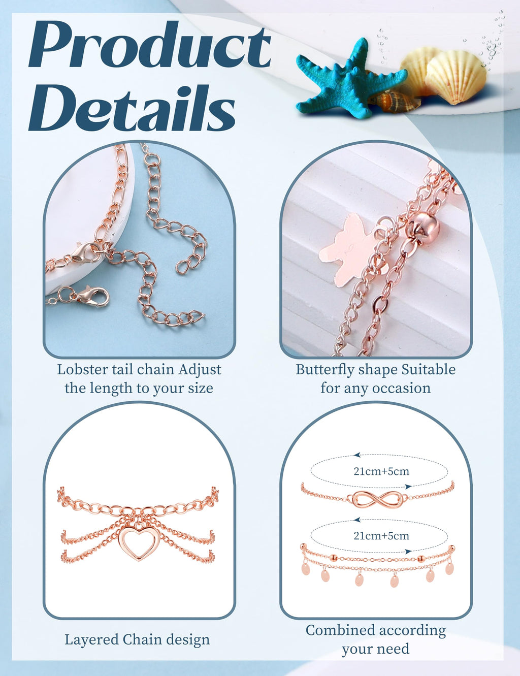 ORAZIO Toe Rings Ankle Bracelets for Women Rose Gold Adjustable Anklet