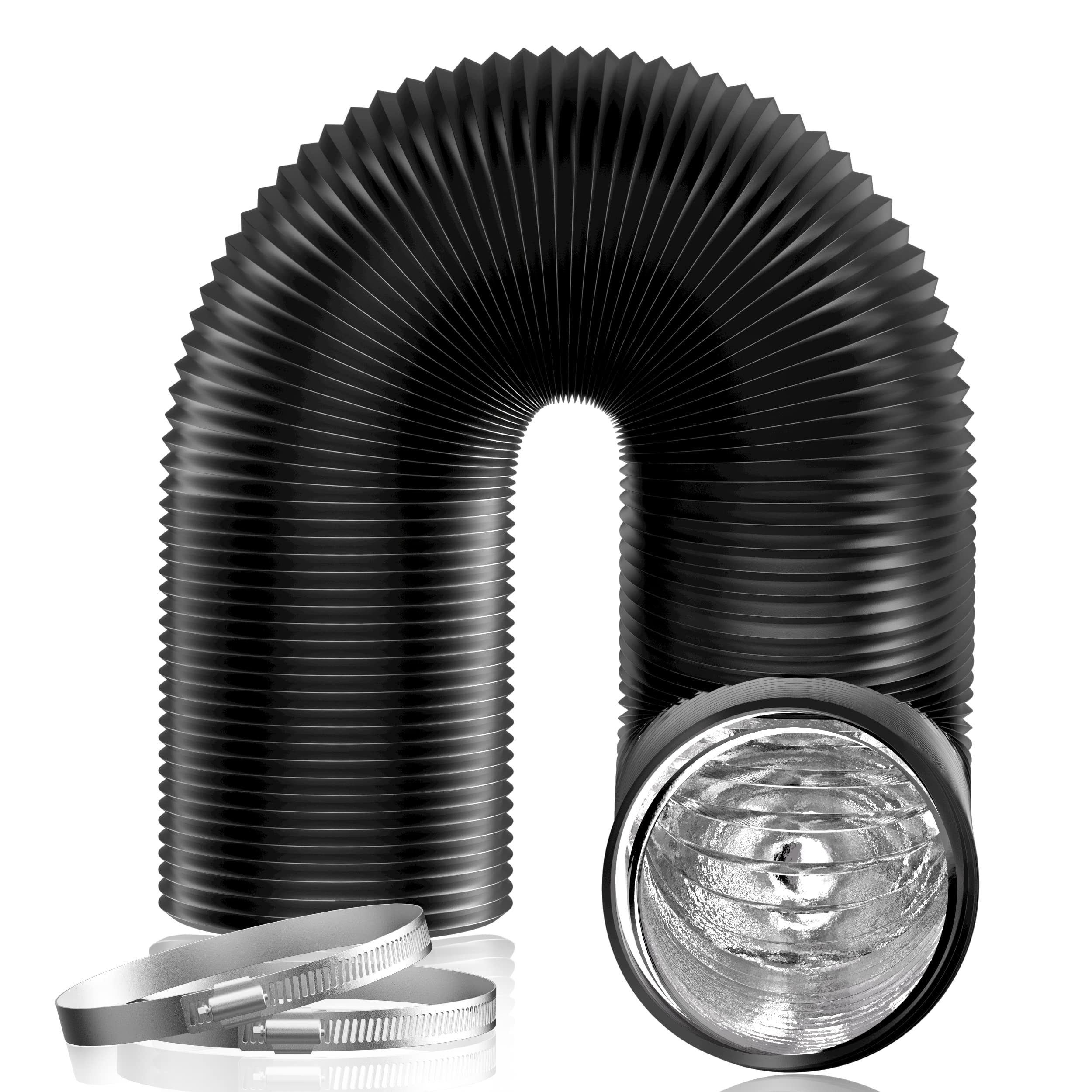Hon&Guan 5 Inch Air Duct - 16 FT Long,Fits Compatible 5-Inch Vent Openings Only, Black Vent Hose with 2 Clamps for Ventilation Systems